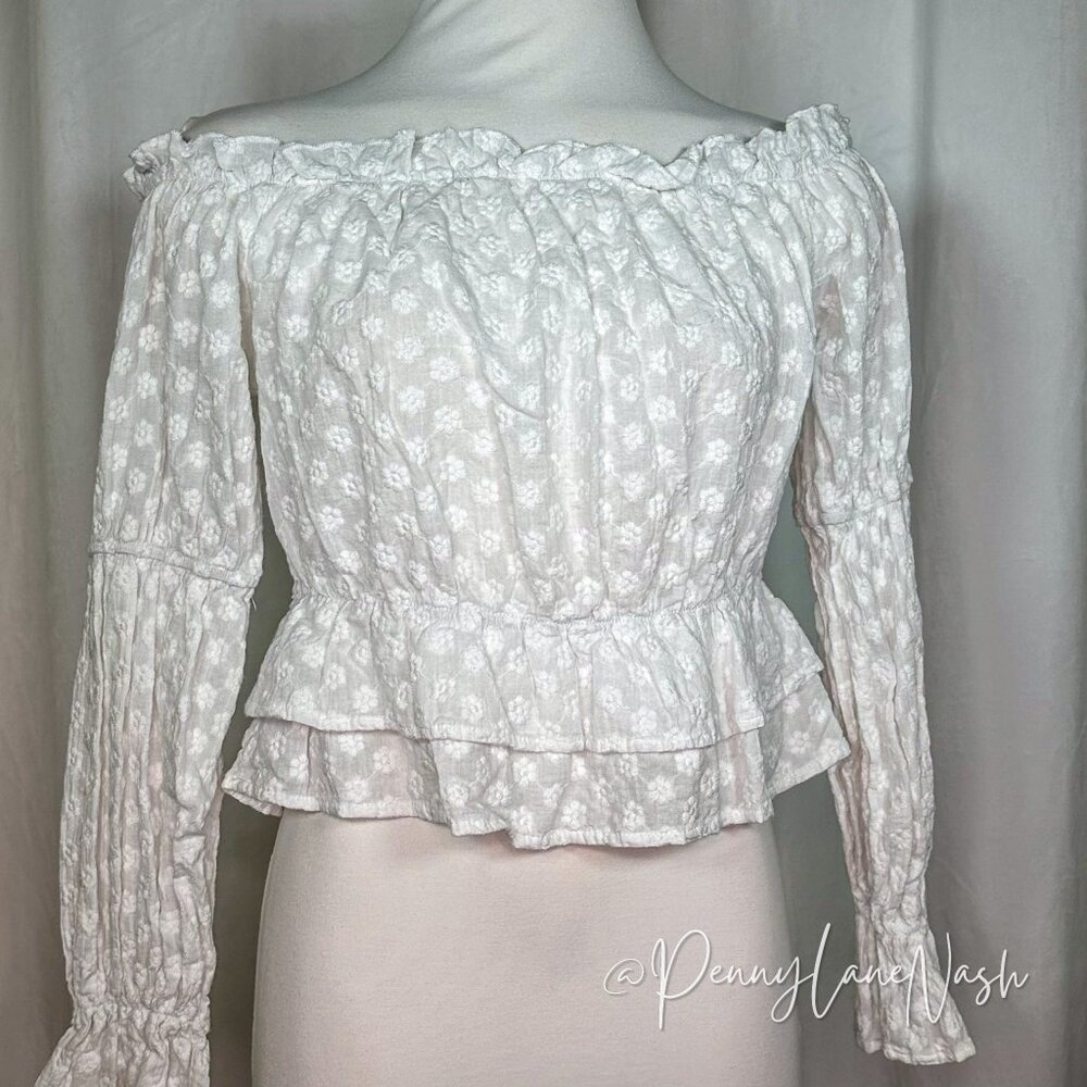 Shein Off Shoulder Floral Ruffle Hem Peplum Crop Top Blouse White - Picture 10 of 10
